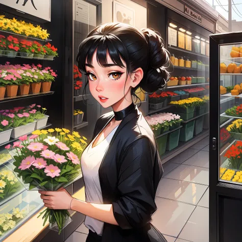 black-haired girl in the style of audrey hepburn in front of a flower shop