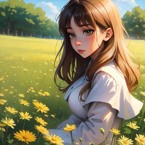 woman with soft tones and a melancholic face around a field of flowers