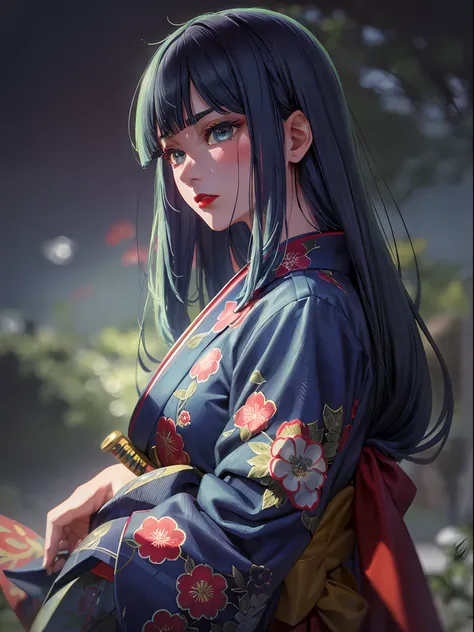 (RAW photo, top quality, masterpiece), (real, photoreal), 1 girl, solo, akane, blue hair, Japan kimono, long hair, red kimono, floral kimono, (blunt bangs, hime_cut, bold brows, red lips, with sword: 1.2), serious look, blood-bathed woman in a state of deb...