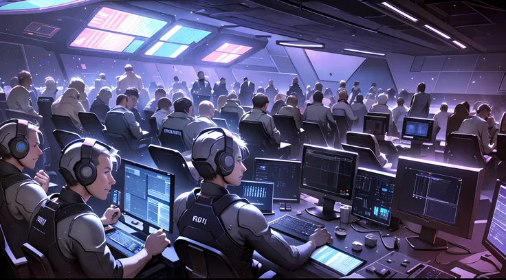 space control room, control hall, lots of screens, screens with blue light, lots of crew, everyone applauds, realism, high detai...