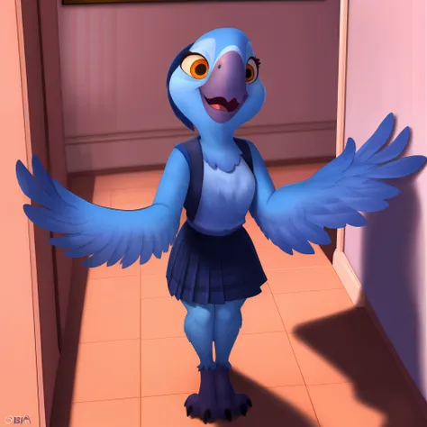 portrait of bia cartoon, female macaw, blue feathers, looking up at viewer, smile, indoors, hallway, holding onto books, schoolg...