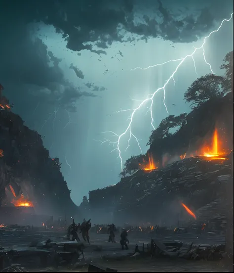 The scenery is bleak. An immense battle is going on, with several heavenly figures fighting. The sky is dark and stormy, with flashes of lightning illuminating the scene. The angels wings and armor glow as they fight the darkness. All this in a true master...