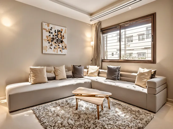 Raw photo, interior design minimalistic living room, studio quality, ambient lighting, 30mm,perfect window,voluemtric lightning,textiles pillows, detailed carpet,high-resolution photography,perfect composition