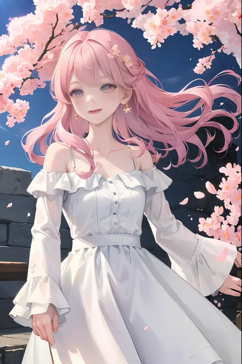 cherry_blossoms, falling_petals, petals, branch, pink_flower, 1girl,20-year-old, blue_sky, spring_(season), petals_on_liquid, flower, hanami, dress, (golden long curly hair: 1.5), wearing flower wreath, sky, outdoor, Clouds, bangs, smile, pink eyes, white ...