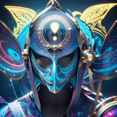 (DMT aura of kittybot shaman with a transparent helmet with a brain sticking out: 1.4), (metal wings: 1.2), (hyperloop car-flask mask: 1.2), (kawaii cyberpop fractal art: 1.6), (Tobias Gremmler fluid and dynamic forms art style: 1.6), (organic-geometric bl...