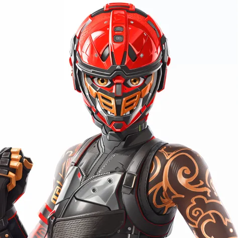 Um close up, gilr:1.3, solo, gilr focus, realistic, jewelry, shirt, brown eyes, portrait, motorcycle helmet black:0.7, helmet red:1.0, leather vest, mask red:1.2, face mask oni:1.2, face mask , arm tattoo:1.2, tanny skin:1:3, short sleeve