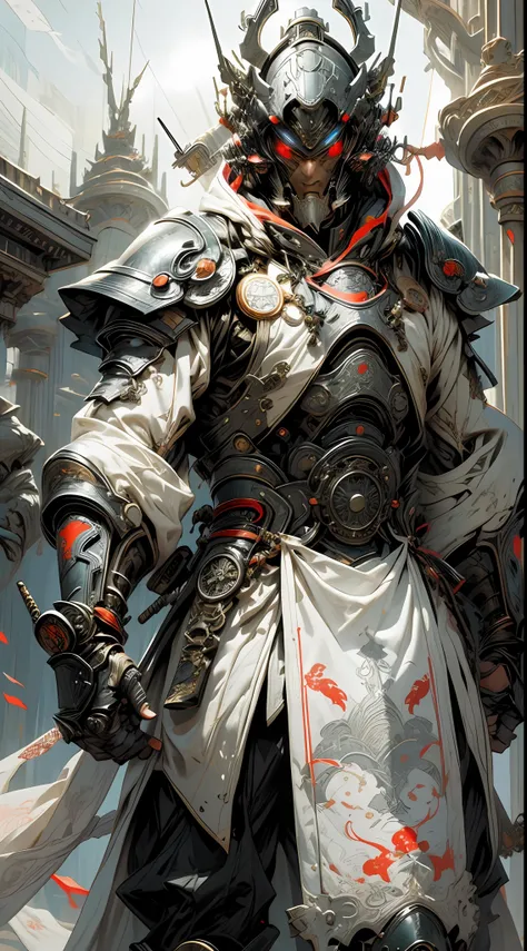 a futuristic samurai knight in white armor and oriental fabric clothing, hood and gears