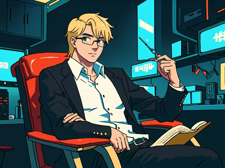 bespectacled blonde man sitting in a chair with his hand on his chin, cyberpunk anime