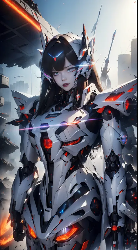 (mecha-armored:1.4) female warrior, stylish sleek design, form-fitting armor, (over-the-shoulder:1.2) perspective, urban war zone, destroyed buildings and fires in the background, (smoke and debris:1.3), sharp sunset silhouette, inspired by Evangelion (Yos...