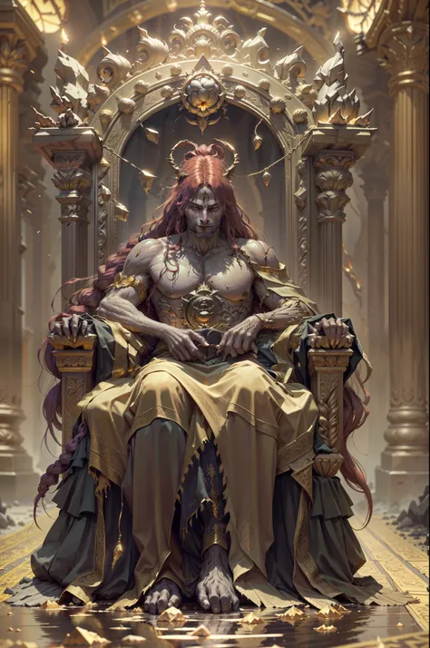 an old werewolf king sitting on the throne in the heart of the city of glas, throne is a very humid place full of puddles and le...