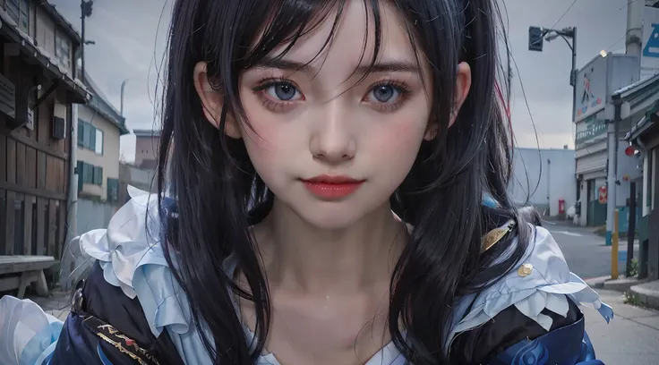 anime girl with long black hair and blue eyes in a city, detailed portrait of anime girl, detailed digital anime art, stunning a...