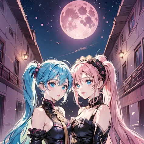anime girls in sexy costumes posing in front of a full moon, two beautiful anime girls, anime girls, nightcore, anime style 4 k, best anime 4k konachan wallpaper, pink twintail hair and cyan eyes, wlop and sakimichan, two pure moons, twintails, ultra hd an...