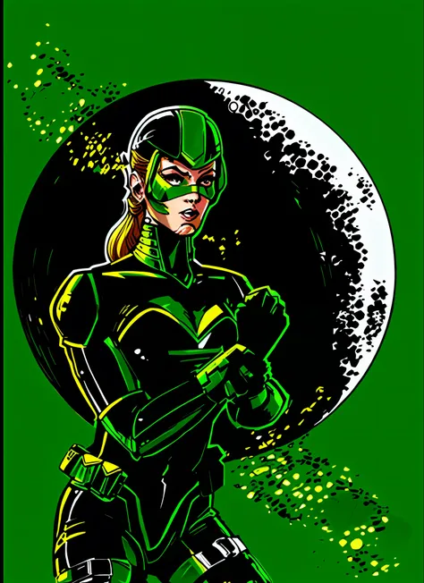 a drawing of a woman in a green suit with a bat, colored sketch, high quality colored sketch, inspired by barclay shaw, inspired...