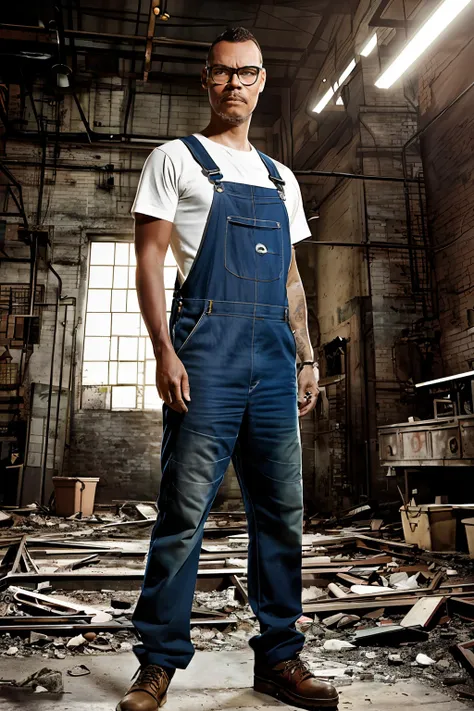 guttonerdvision5, Man with glasses, detailed face, realistic, overalls, abandoned factory, grown-up, garbage, beautiful lighting, detailed, night sun, vintage colors, sepia, by Martin Ansin