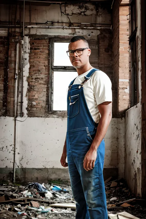 guttonerdvision5, Man with glasses, detailed face, realistic, full body, overalls, abandoned factory, grown-up, garbage, beautiful lighting, detailed, night sun, vintage colors, sepia, professional photography