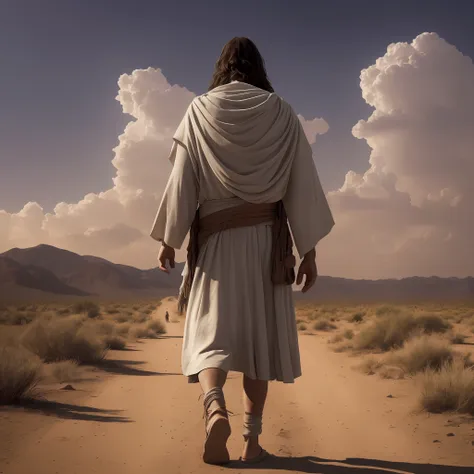 jesus walking in the distance, on his back in the desert, at dusk, in christ-time clothes, no accessories, realistic image, 4k, ...