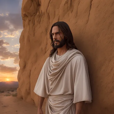 jesus walking in the distance, on his back in the desert, at dusk, in christ-time clothes, no accessories, realistic image, 4k, ...