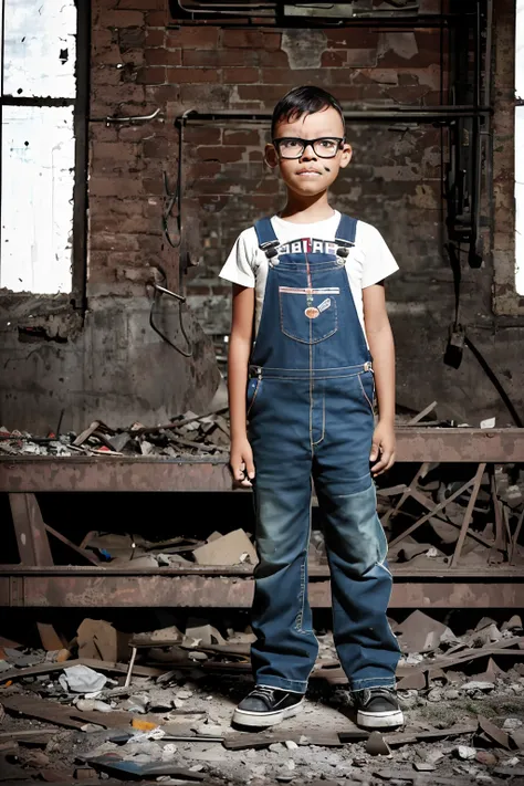 guttonerdvision5, 3 year old boy with glasses, detailed face, realistic, full body, overalls, abandoned factory, grown-up, garbage, beautiful lighting, detailed, night sun, vintage colors, sepia, professional photography