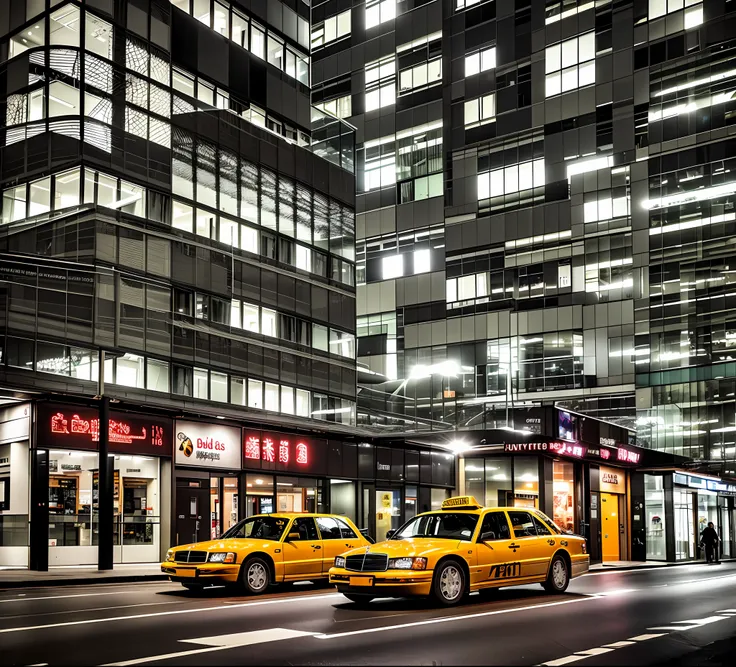 colorful night photo, city natural bright colors, (taxi stopped,with the door open, in front of a building), (man opens the taxi...