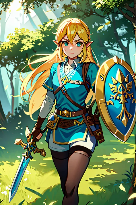 anime link from breath of the wild version, holding a sword and shield in the forest