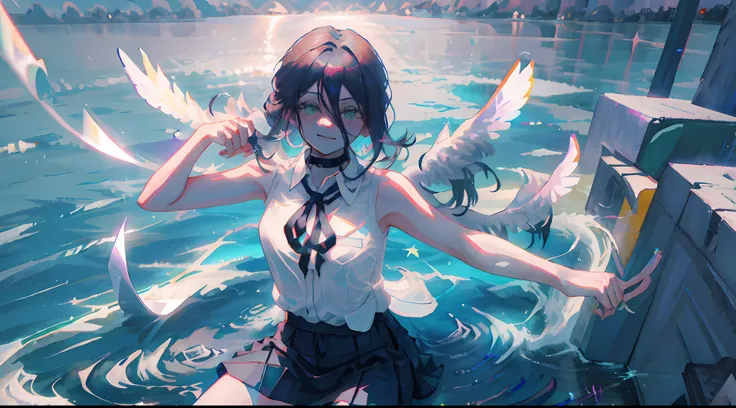 cowboy shot,((white shirt)),short tie,black tie,1 girl,shy, cute,black skirt, [(white background:1.35)::0.6],negative space,green eyes, purple hair,indoors,night,holding_flower,holding_daisy,White Angel Flying from the Sky,((Angel)), Blue Sky, Clouds, ((De...