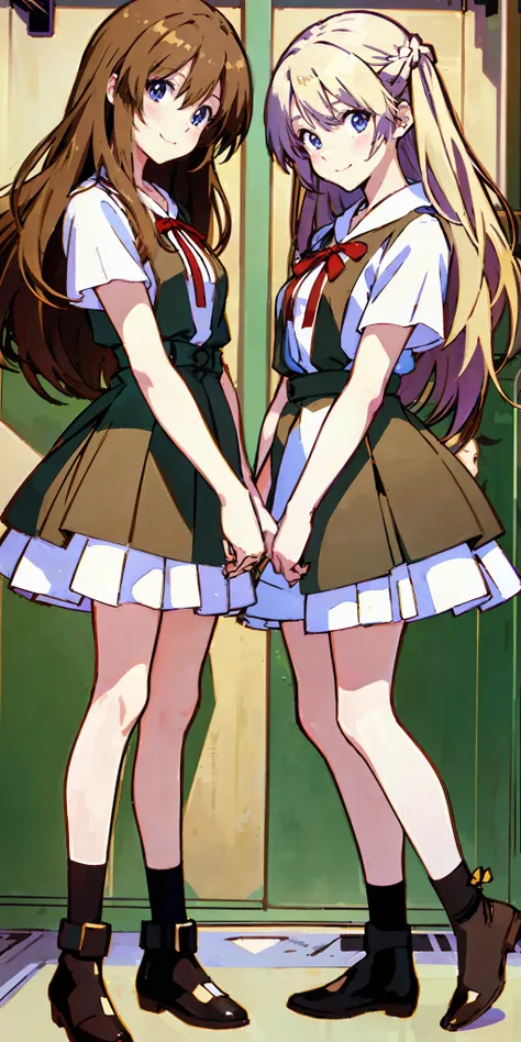 perfect anime illustration, 2girls, twin sisters, identical sisters, brown hair, blonde hair, (1 blonde girl, 1 brown haired gir...