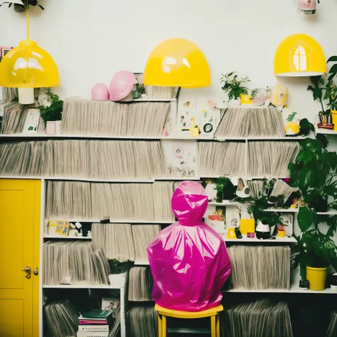 1970s man in suit and raincoat with transparent plastic helmet of pink cap wes anderson sitting in chair alone indoors, yellow l...