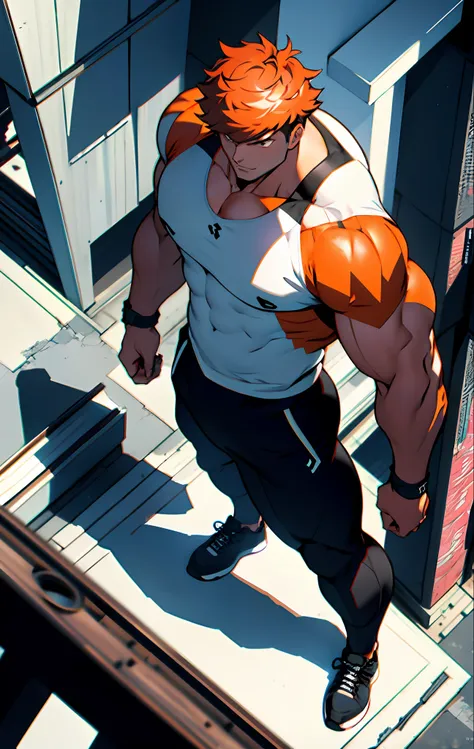 generate an anime-style artwork featuring a high angle shot of a muscular male character with his back turned to the camera, the...