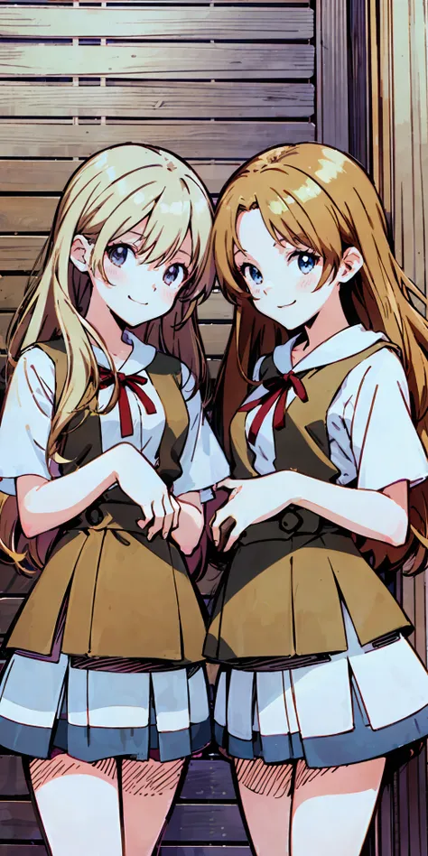 perfect anime illustration, 2girls, twin sisters, identical sisters, brown hair, blonde hair, (1 blonde girl, 1 brown haired gir...