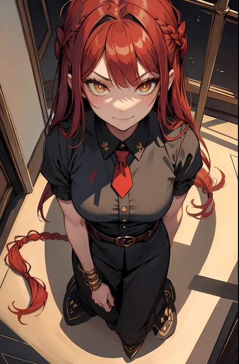 (((masterpiece))),(best quality), 1girl,solo, extremely detailed, detailed face,detailed eyes,illustration,2k,(full body:1.2),
,standing, red hair, long braided hair, yellow eyes, bangs, black shirt, necktie,(sinister smirk),
((In the corridor)),looking at...
