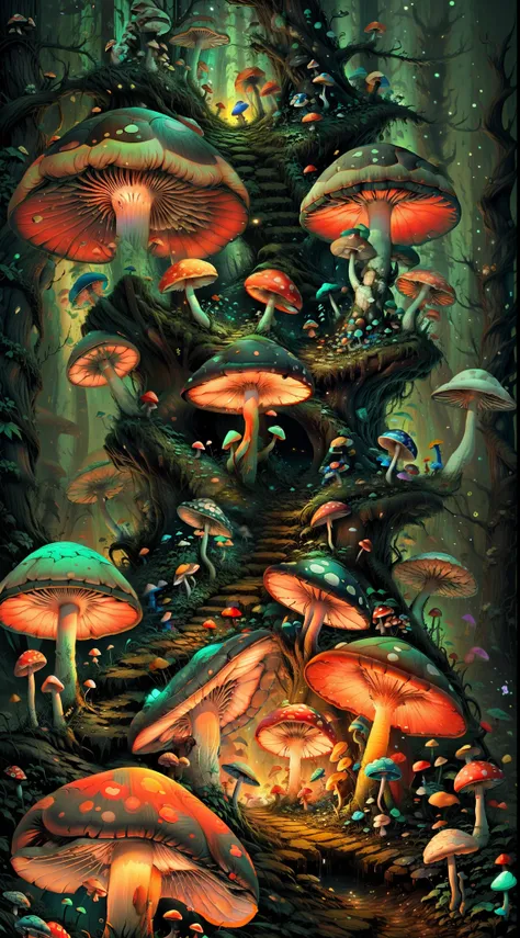 fisheye, 1turtle and many neon mushrooms, fireflies, shroom