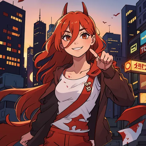 1girl, only one girl, smile, blood, middle finger, city background