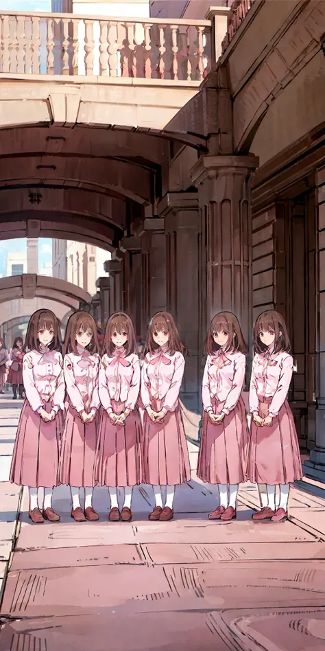perfect anime illustration, multiple girls, thousands of girls, millions of girls, clones, identical sisters, neat rows of sisters, neat columns of sisters, sisters standing in formation, sisters in background, brown hair, curly hair, matching hairstyle, h...