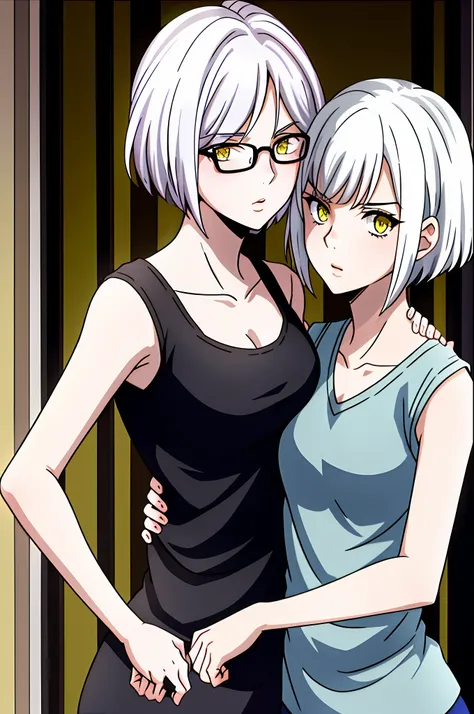 2 girls, white hair, short hair falling in strands and spike at end, glasses and yellow eyes, cara hermosa, muchas pecas en la cara, blan tank top, black broken short, 2 chicas abrazamdose mientras miran a la camara, fondo difuminado,