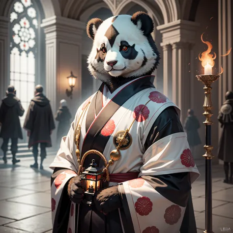 extremely detailed 8k wallpaper), intricate, richly detailed, dramatic, panda bear with white kimono, ready for combat, sinister...