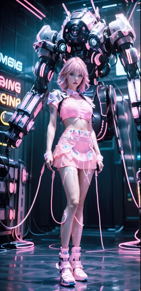 (((masterpiece, excellent)), (1girl), light pink hair, slim, with a huge mech in the background. (nightclub: 1.2), (skirt: 1.2),...