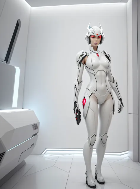 a woman in a white suit posing for a photo, in white futuristic armor, soft digital concept art, cgsociety inspired, stylized as...