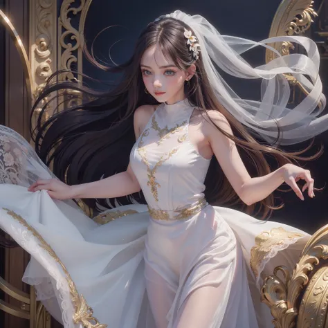 An angelic and cute girl wearing a beautiful long dress with ballet-inspired details, showcasing elegant long hairstyles with weave and exquisite beauty.