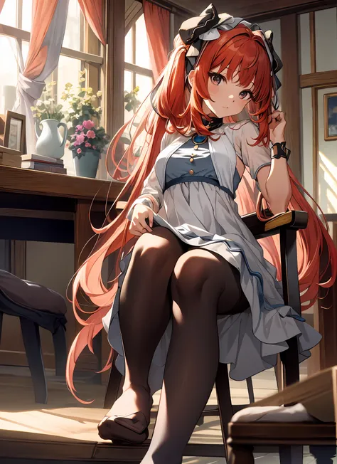 {{masterpiece}},illustration,best quality,extremely detailed CG unity 8k wallpaper,1girl_solo, full_body, from_below, looking_at_viewer, looking_down,((white pantyhose: 1.5)), (no shoes:1.3),chair,twintail,red hair,braided bangs,Sexy and charming panties,r...