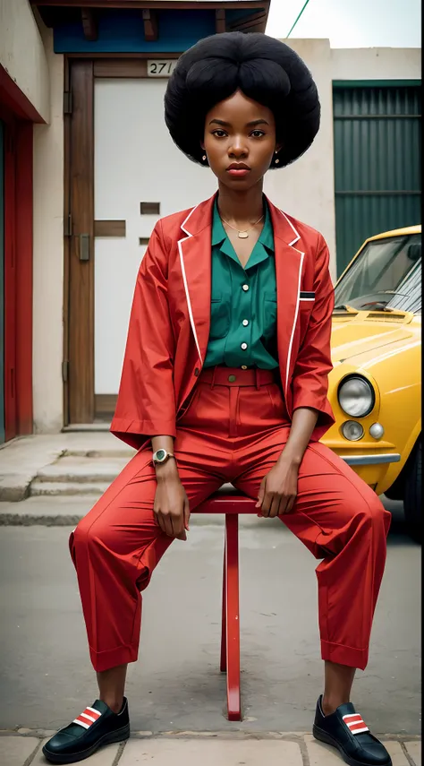 yoshitomo nara, wes anderson, new casualism, retro, minimalism(1african girl with black power hair and red clothes)sexy,cameltoe