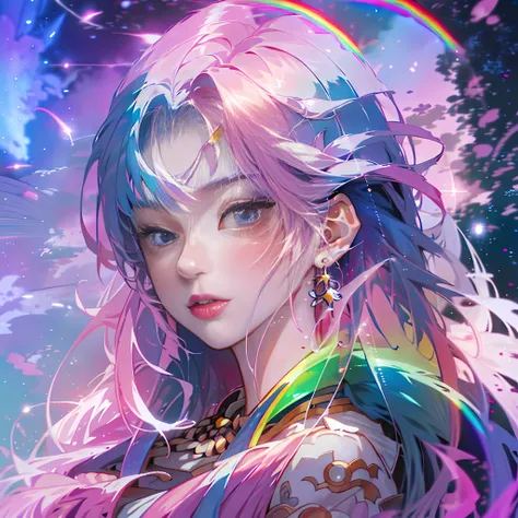 (anime girl + long hair + portrait), (color hair + rainbow: 1.5 + cosmic hair: 1.2), (beauty + fantasy + anime style), (8k wallp...