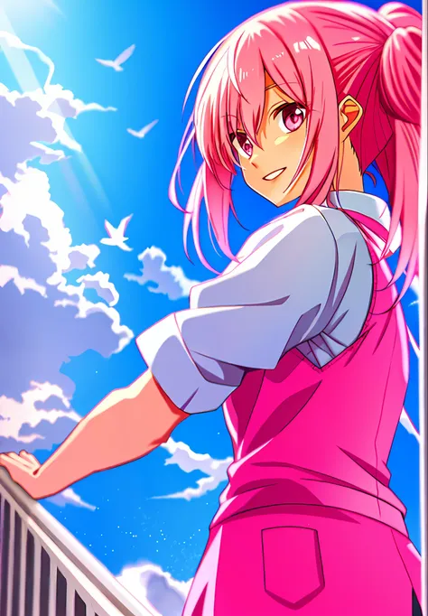 pink hair, pink eyes, pink uniform, high quality, anime art