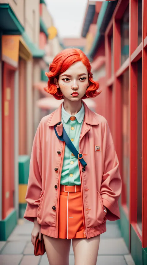 yoshitomo nara:1.5, wes anderson:1.3, new casualism, retro, minimalism (1 girl red hair, freckles and vintage clothes),abstract ...