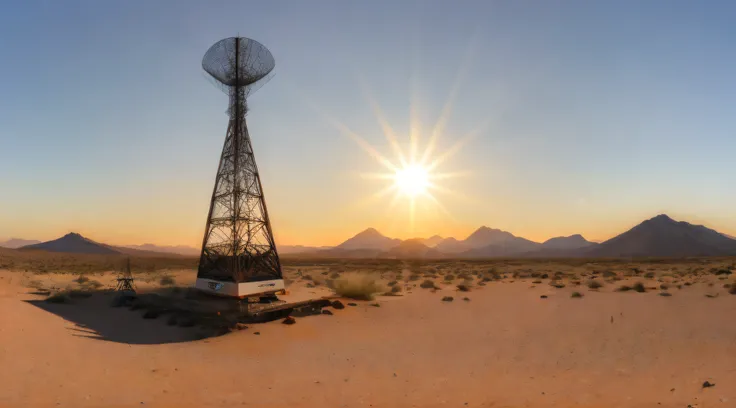 A radio tower in the middle of a desert with the sun in the background