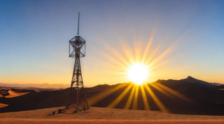 A radio tower in the middle of a desert with the sun in the background