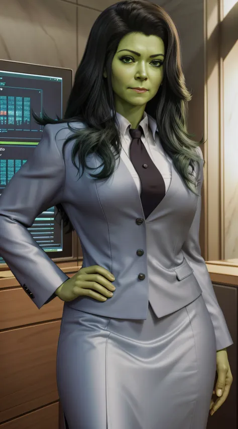 she hulk, jennifer walters, black lawyer's outfit, inside a courtroom, (anatomy done), (perfect eyes and face)