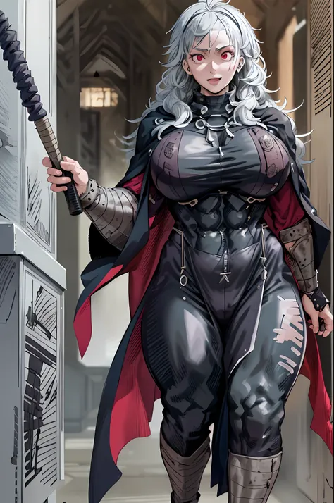 noi_dorohedoro, noi, muscular girl, huge chest, tall woman, priestess, martial art, modest, fully clothed, bent,, pants, cloak, ...