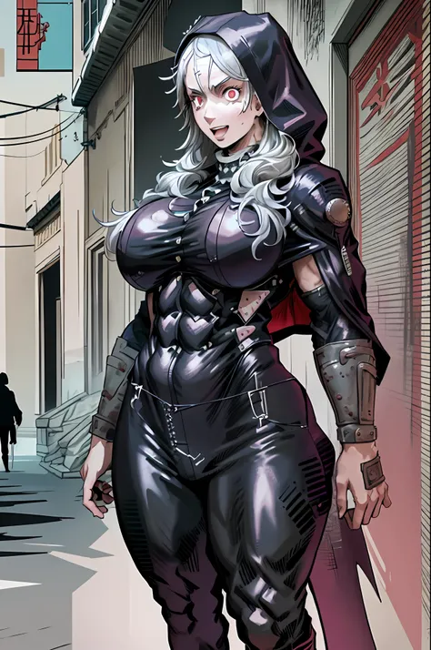 noi_dorohedoro, noi, muscular girl, huge chest, tall woman, priestess, martial art, modest, fully clothed, bent, pants, cloak, priestess, holy, walking, smile, coat, medieval, unmasked, nun, cloak,walking