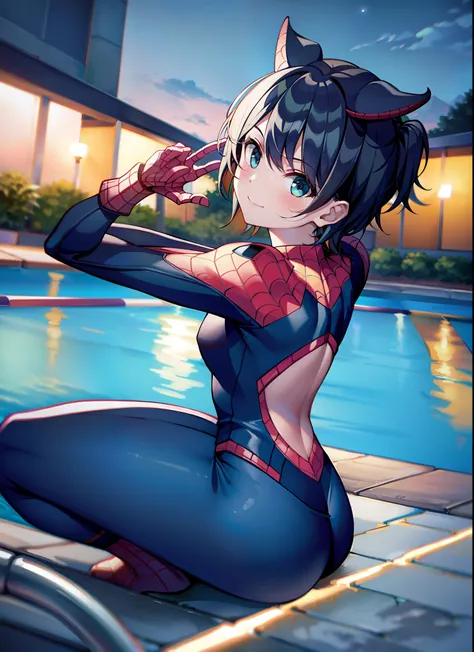 masterpiece, best quality, 8k, highres, 1girl, night, pool, neon, moon, seductive, spider suit,innocent smile,