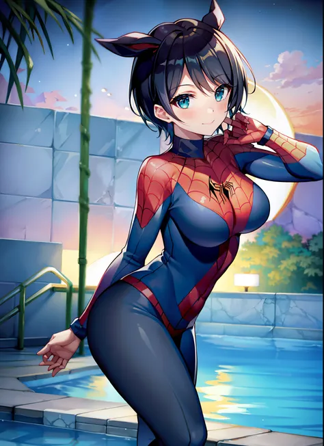 masterpiece, best quality, 8k, highres, 1girl, night, pool, neon, moon, seductive, spider suit,innocent smile,